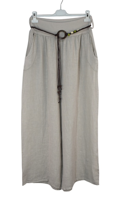 Italian Lagenlook Linen Wide Leg Trousers with Fashion Belt Elasticated Waist