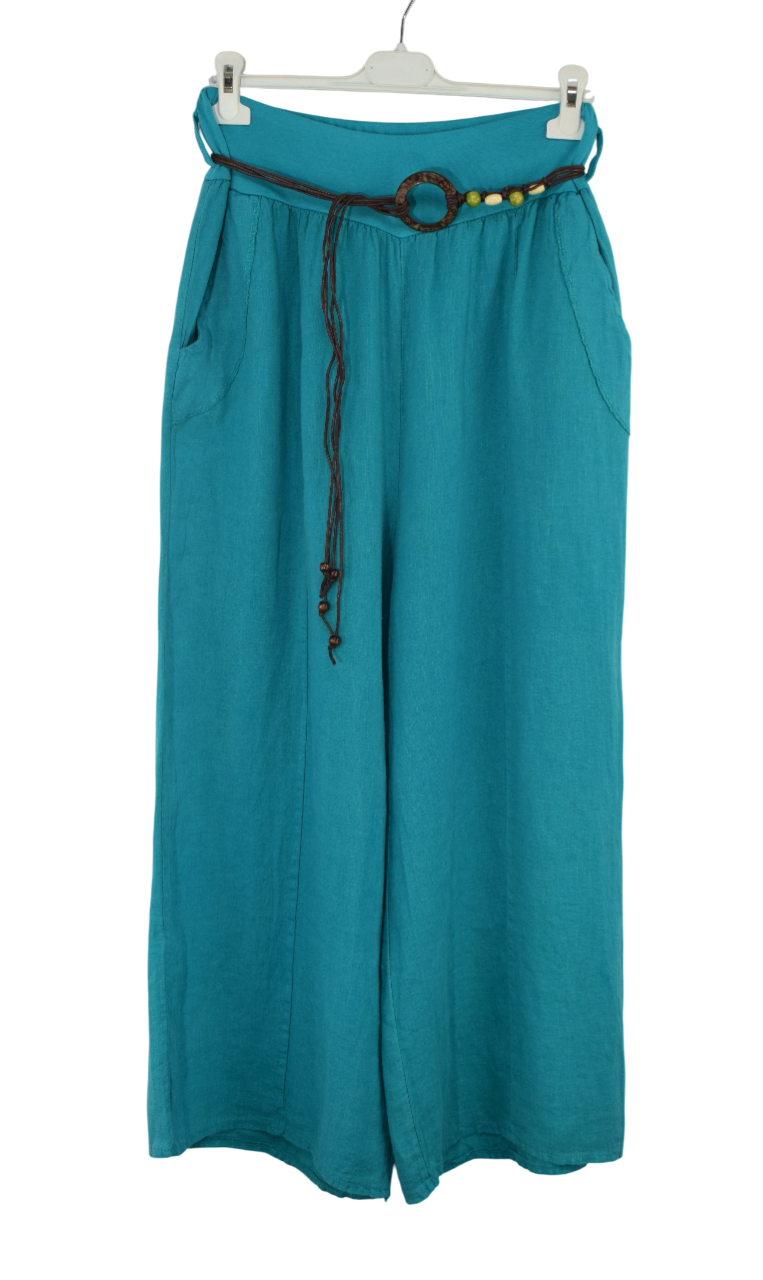 Italian Lagenlook Linen Wide Leg Trousers with Fashion Belt Elasticated Waist