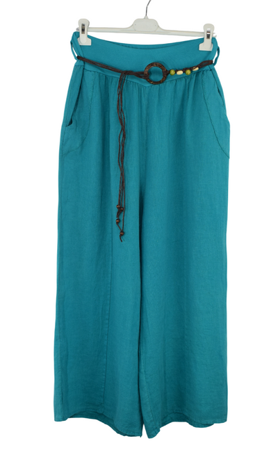 Italian Lagenlook Linen Wide Leg Trousers with Fashion Belt Elasticated Waist