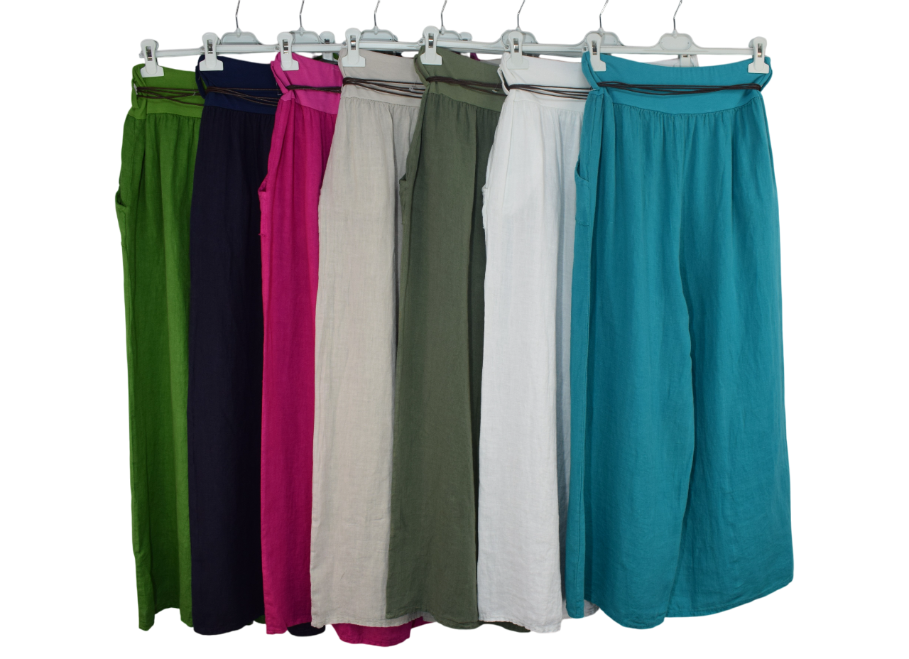 Italian Lagenlook Linen Wide Leg Trousers with Fashion Belt Elasticated Waist