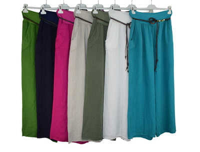 Italian Lagenlook Linen Wide Leg Trousers with Fashion Belt Elasticated Waist