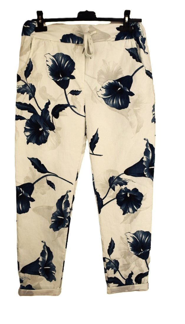 Ladies Italian Stretch Lily Print Floral Magic Trousers Pants