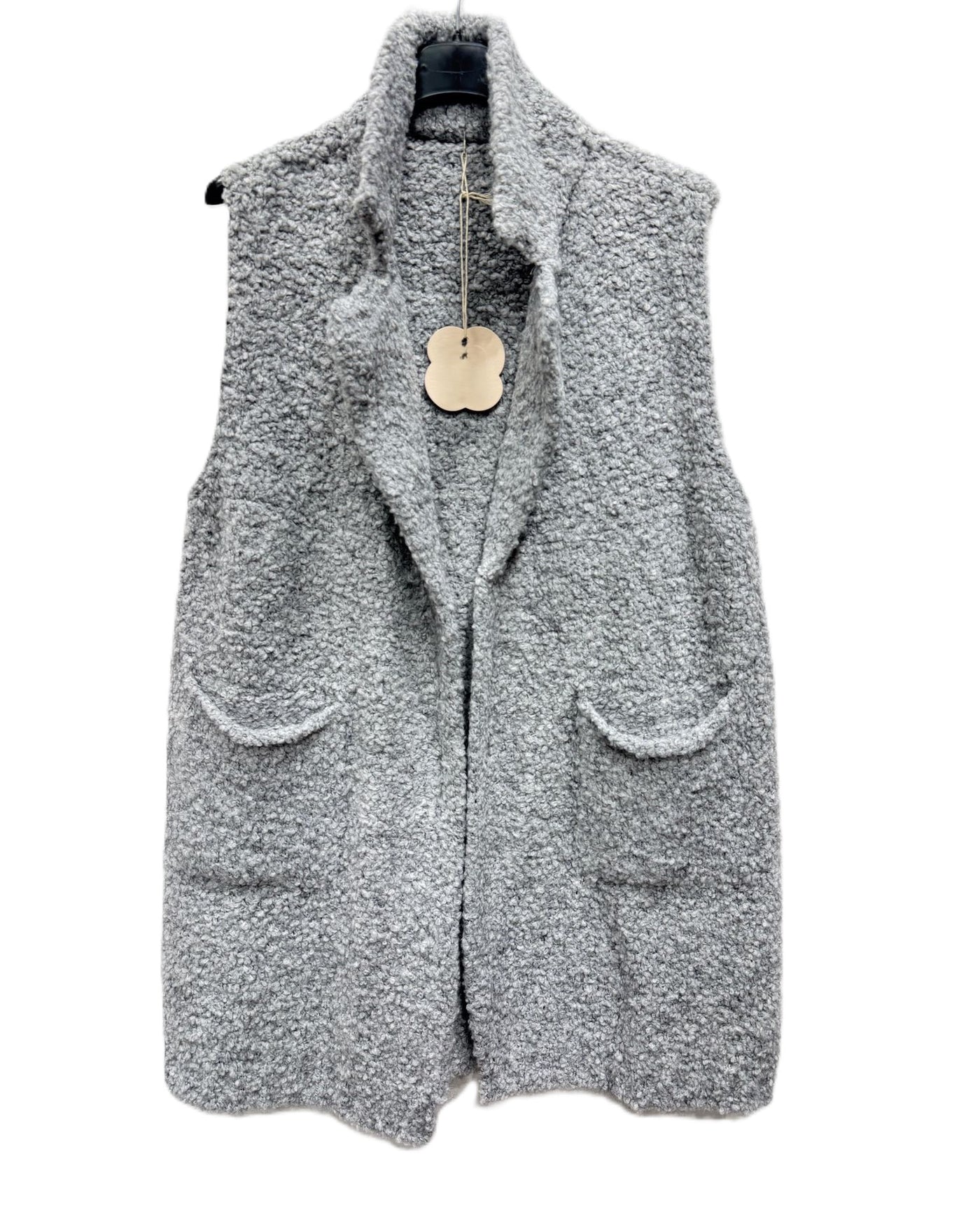 Ladies Italian Soft Warm Wool Blend Open Front Boucle Gilet Collared Sleeveless Knit