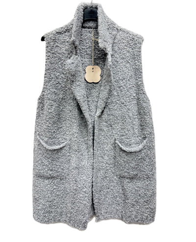 Ladies Italian Soft Warm Wool Blend Open Front Boucle Gilet Collared Sleeveless Knit