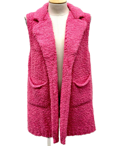 Ladies Italian Soft Warm Wool Blend Open Front Boucle Gilet Collared Sleeveless Knit