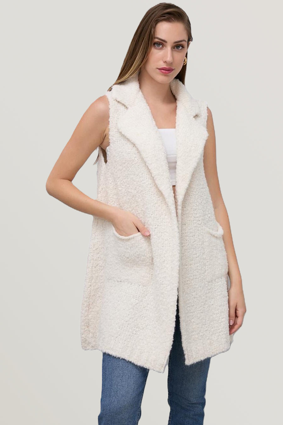 Ladies Italian Soft Warm Wool Blend Open Front Boucle Gilet Collared Sleeveless Knit