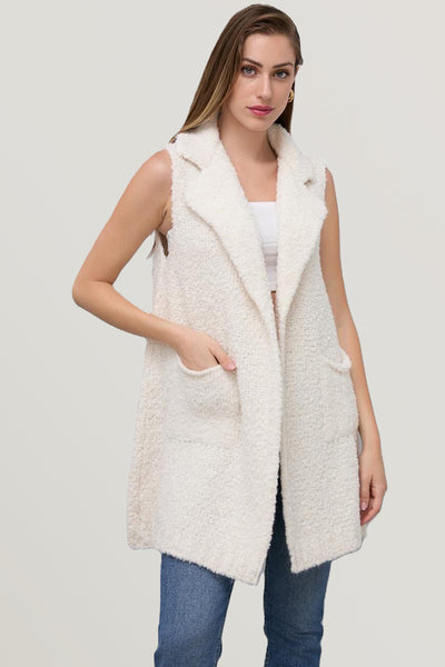 Ladies Italian Soft Warm Wool Blend Open Front Boucle Gilet Collared Sleeveless Knit
