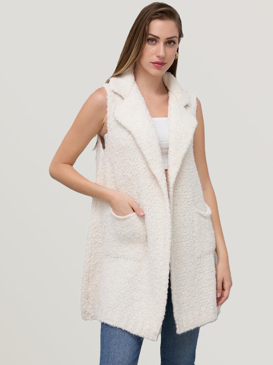 Ladies Italian Soft Warm Wool Blend Open Front Boucle Gilet Collared Sleeveless Knit