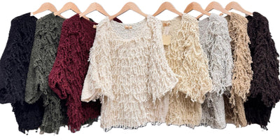 Italian Lagenlook Shaggy Loop Knit Short Sleeve Sweater