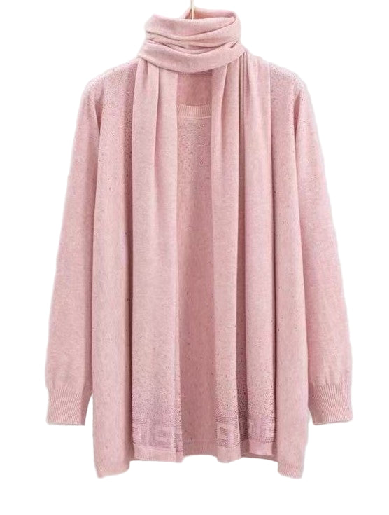 Pink sweater with sparkly Diamante across shoulders, front and on Matching scarf