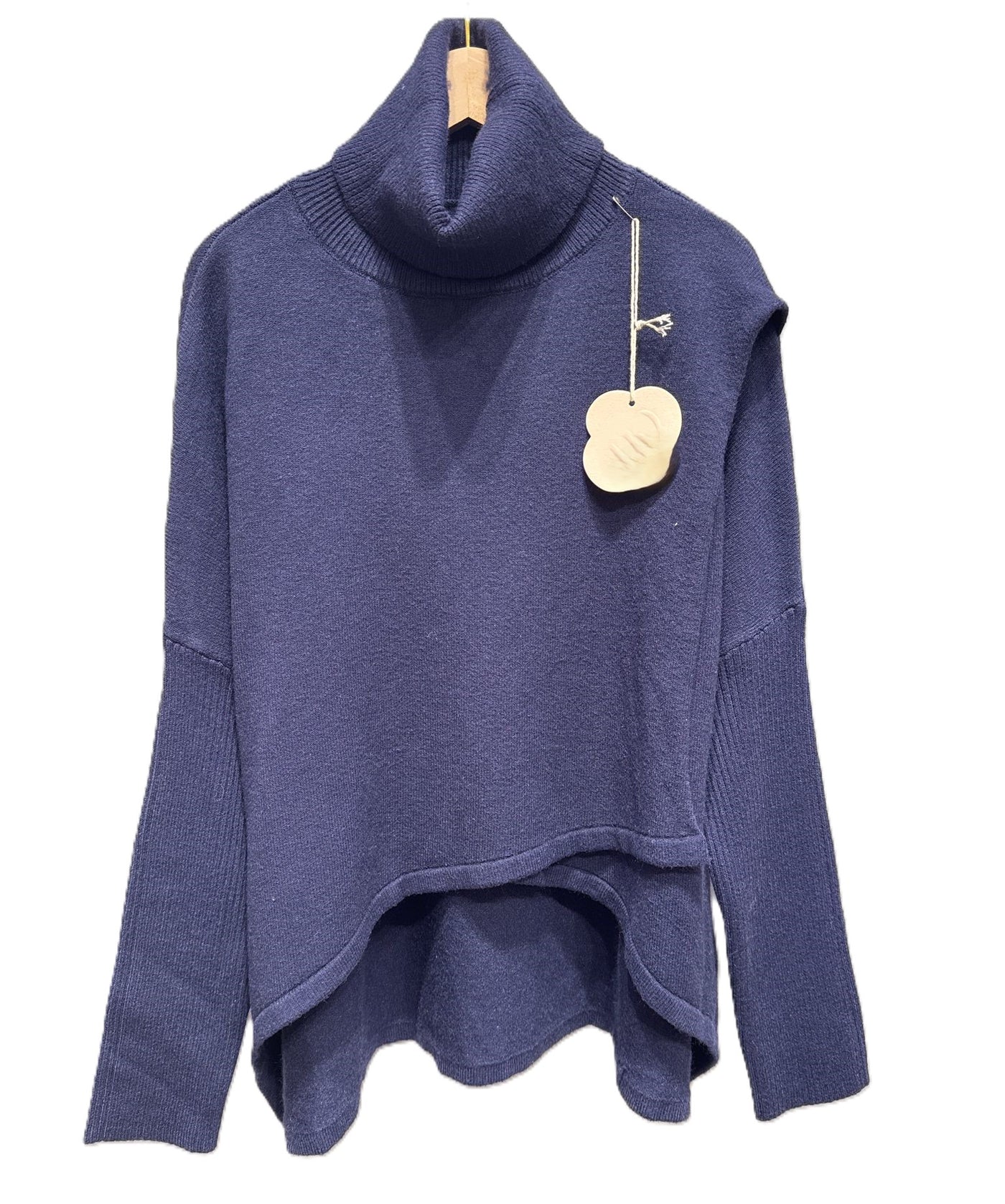 Ladies Lagenlook Wrap Over Hi-Lo Roll Neck Jumper with Ribbed Sleeves