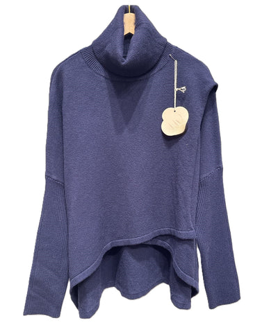 Ladies Lagenlook Wrap Over Hi-Lo Roll Neck Jumper with Ribbed Sleeves