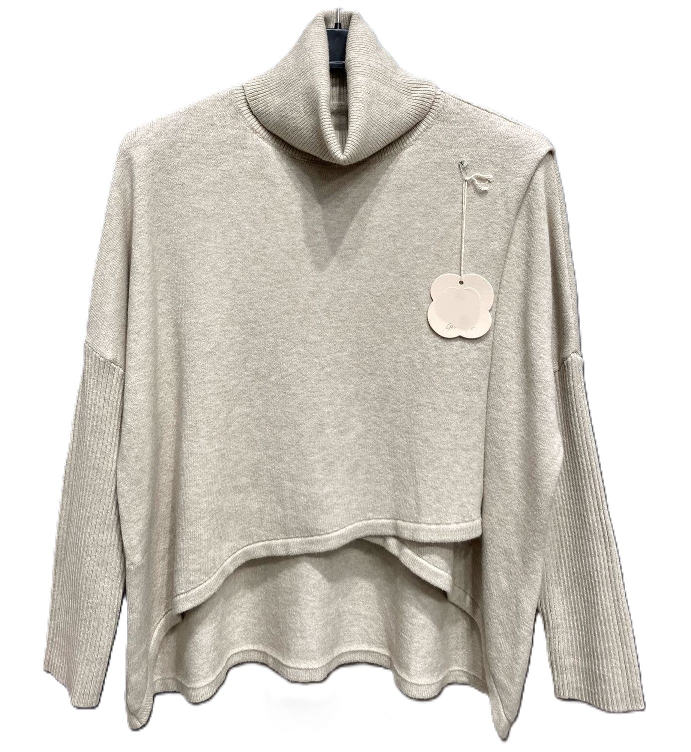 Ladies Lagenlook Wrap Over Hi-Lo Roll Neck Jumper with Ribbed Sleeves