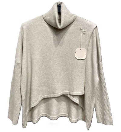 Ladies Lagenlook Wrap Over Hi-Lo Roll Neck Jumper with Ribbed Sleeves