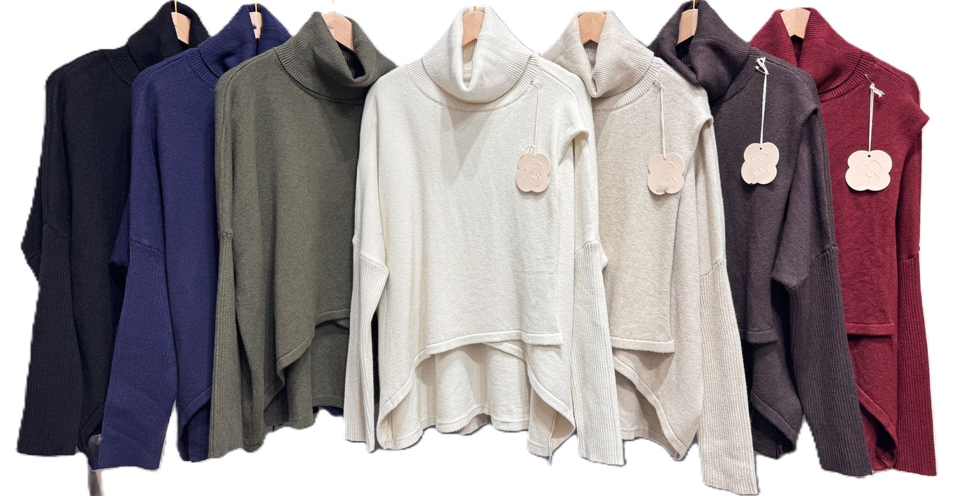 Ladies Lagenlook Wrap Over Hi-Lo Roll Neck Jumper with Ribbed Sleeves