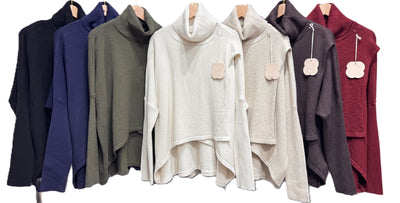 Ladies Lagenlook Wrap Over Hi-Lo Roll Neck Jumper with Ribbed Sleeves