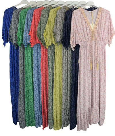 Ladies Italian Lagenlook Fine Print Kaftan Style V-neck Maxi