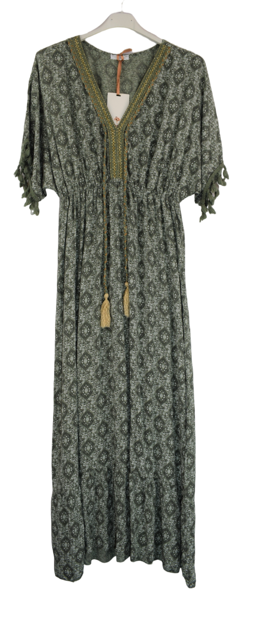 Ladies Italian Lagenlook Fine Print Kaftan Style V-neck Maxi