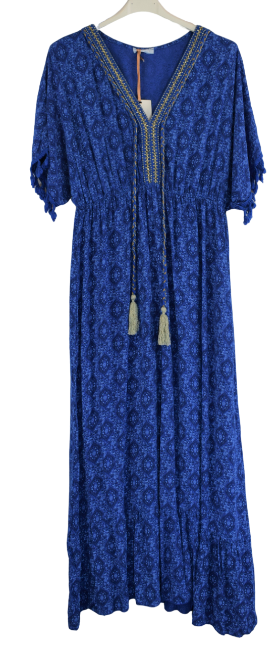 Ladies Italian Lagenlook Fine Print Kaftan Style V-neck Maxi