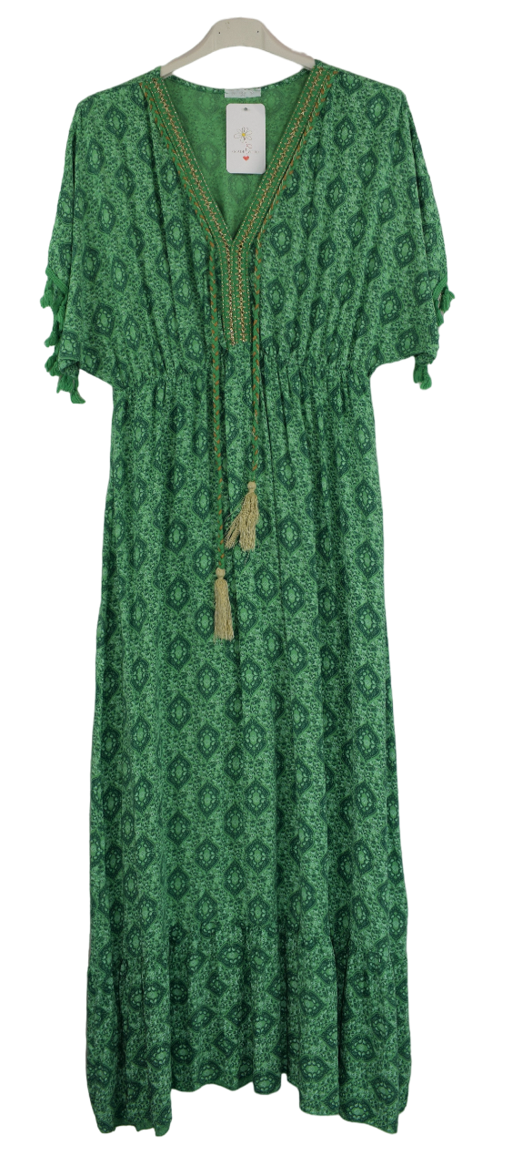 Ladies Italian Lagenlook Fine Print Kaftan Style V-neck Maxi