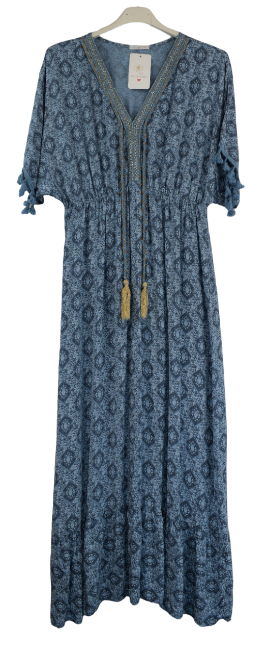 Ladies Italian Lagenlook Fine Print Kaftan Style V-neck Maxi