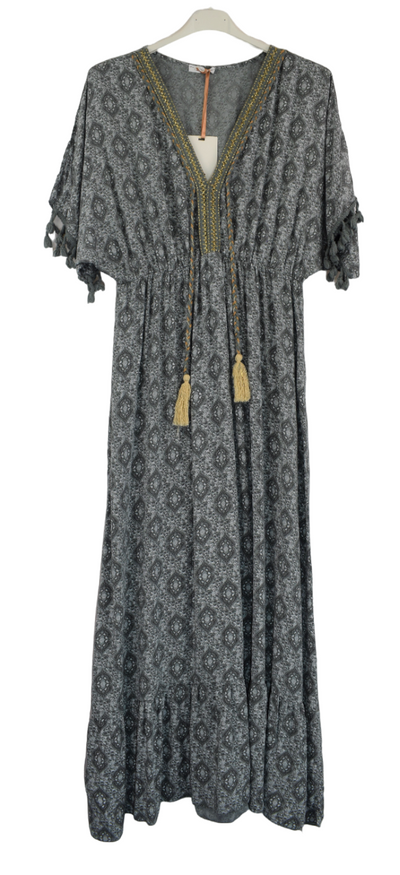 Ladies Italian Lagenlook Fine Print Kaftan Style V-neck Maxi