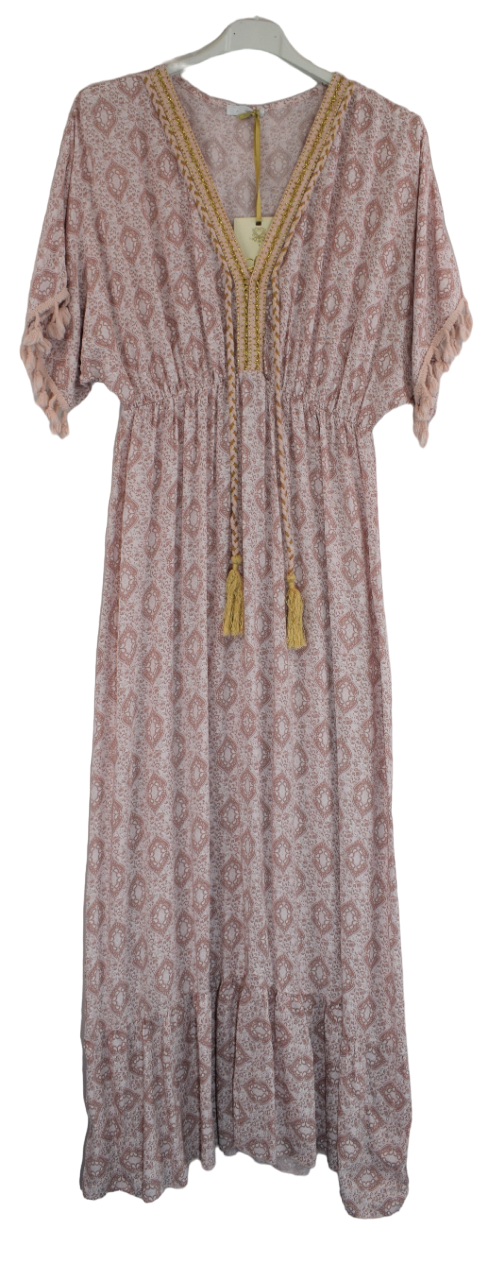 Ladies Italian Lagenlook Fine Print Kaftan Style V-neck Maxi