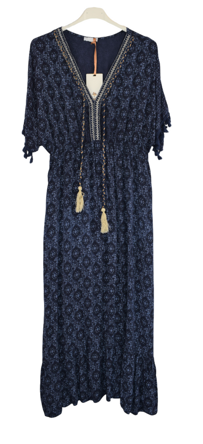 Ladies Italian Lagenlook Fine Print Kaftan Style V-neck Maxi