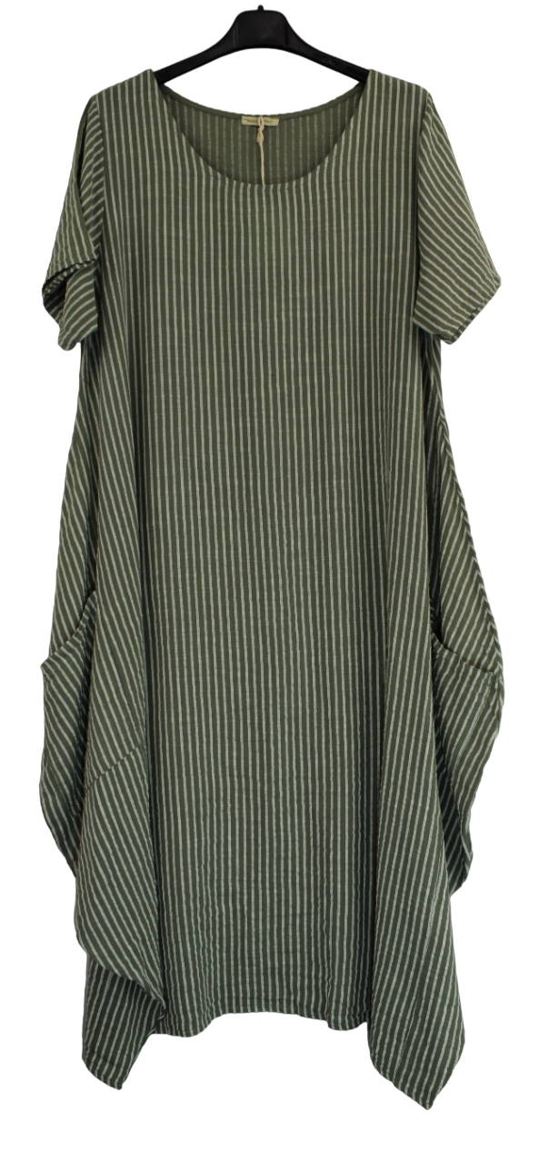 Ladies Italian Lagenlook Stripe Cotton Lightweight Summer Baggy Long Dress SS24