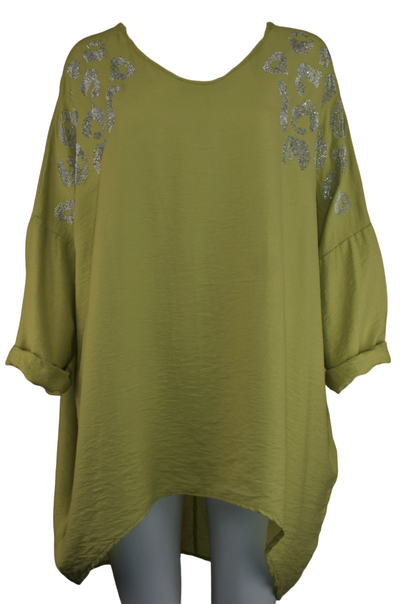 Ladies Italian Lagenlook Diamante Leopard Design Tunic Top