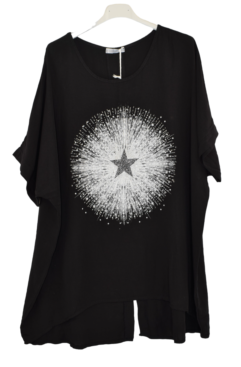 Ladies Italian Lagenlook Star Diamante Tunic Oversized Boxy  Top