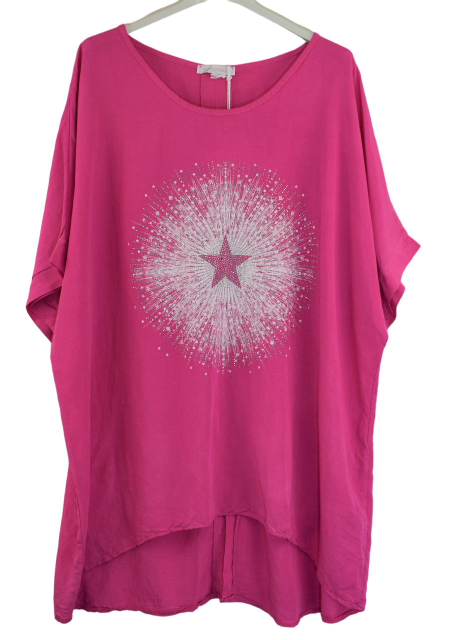 Ladies Italian Lagenlook Star Diamante Tunic Oversized Boxy  Top