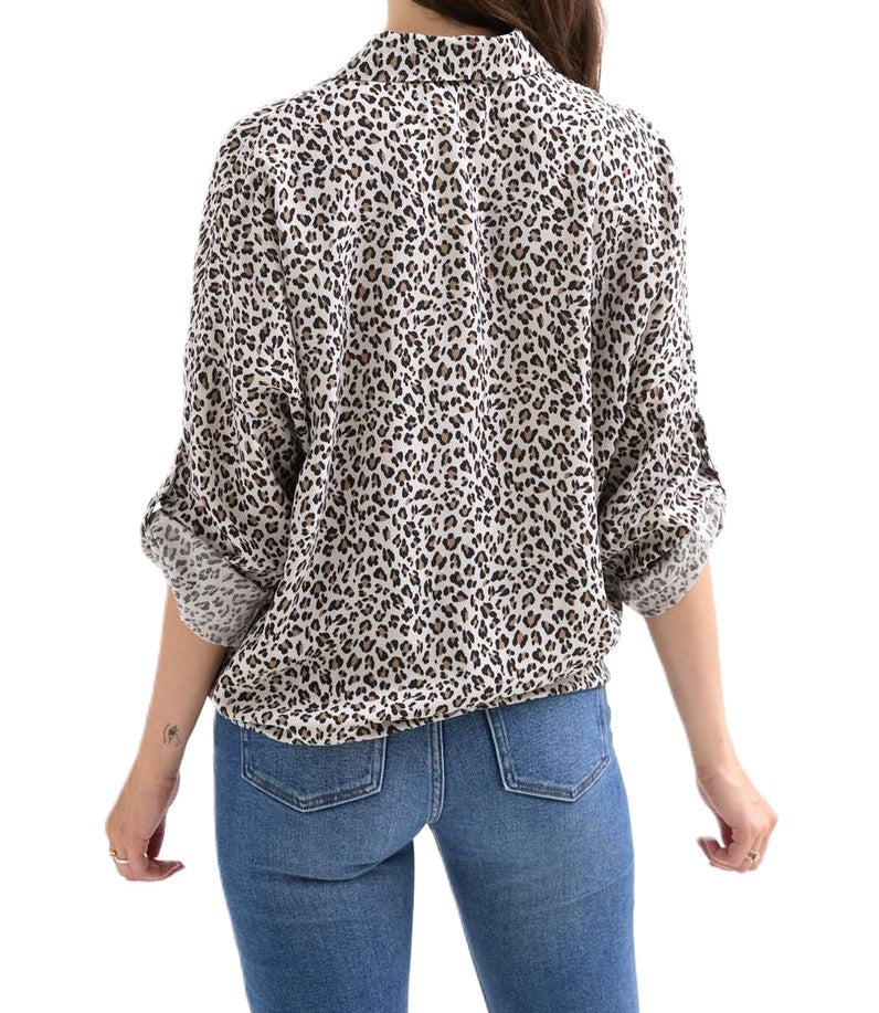 Italian Lagenlook Button Through Animal Print Tie Shirt Blouse Long Sleeve Autumn Top