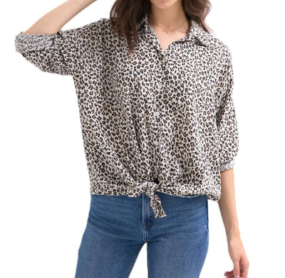 Italian Lagenlook Button Through Animal Print Tie Shirt Blouse Long Sleeve Autumn Top