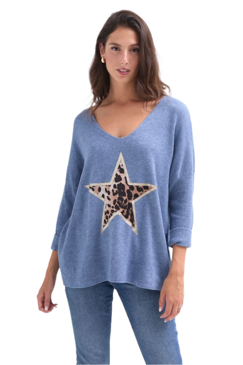 Italian Lagenlook Animal Print Star Wool Blend Top Autumn / Winter Collection