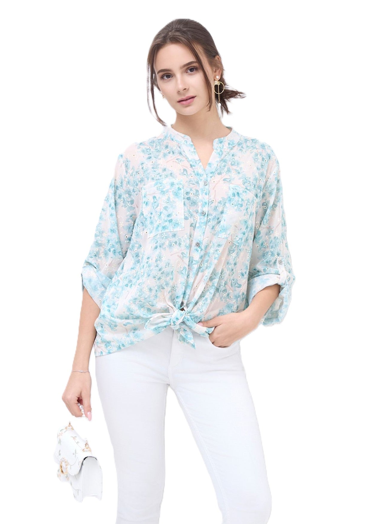 Italian Lagenlook Floral Blouse Knot Front Button Through Shirt Long Sleeve Summer Top