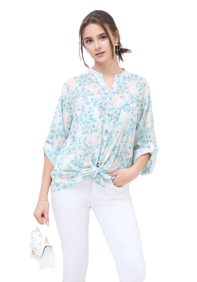 Italian Lagenlook Floral Blouse Knot Front Button Through Shirt Long Sleeve Summer Top