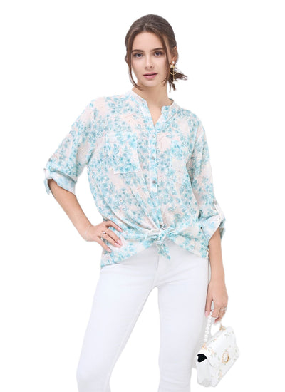 Italian Lagenlook Floral Blouse Knot Front Button Through Shirt Long Sleeve Summer Top