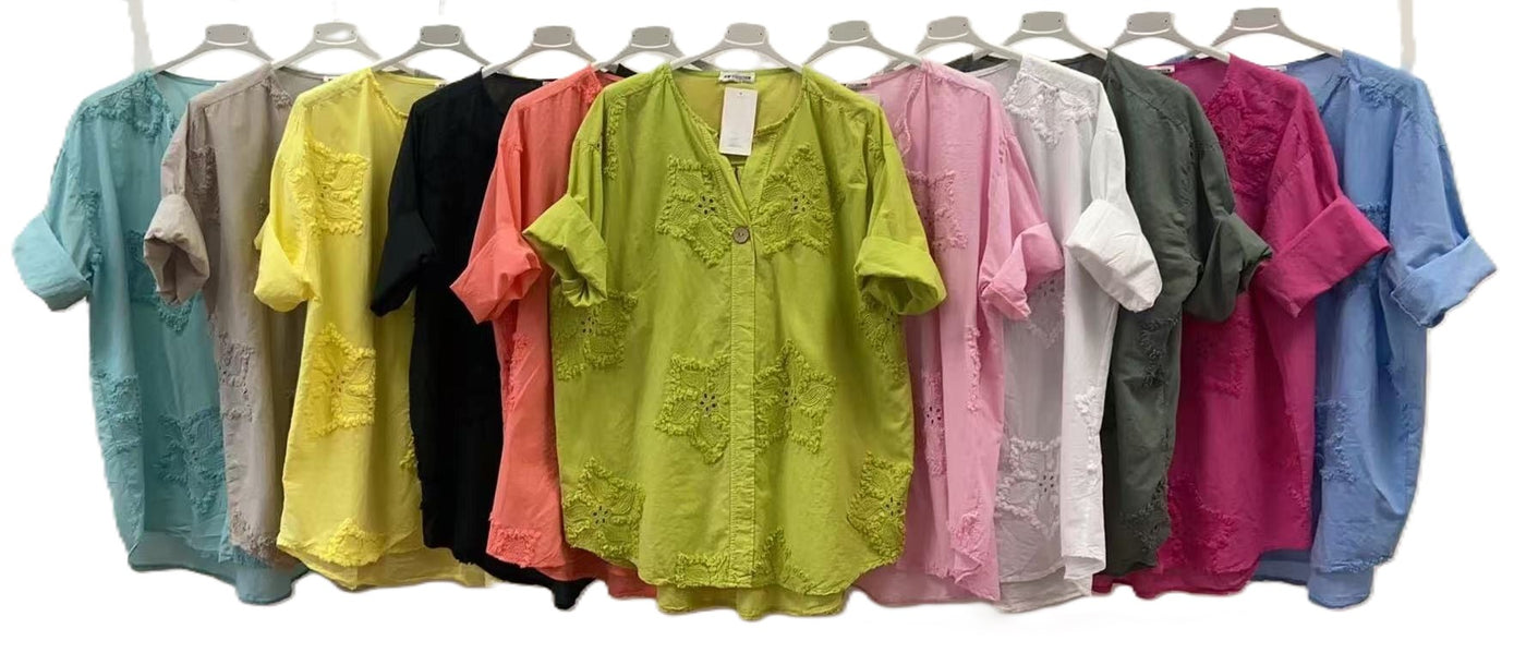 Italian Lagenlook Cotton Lightweight Floral Broderie Star Embroidery Summer Tunic Top