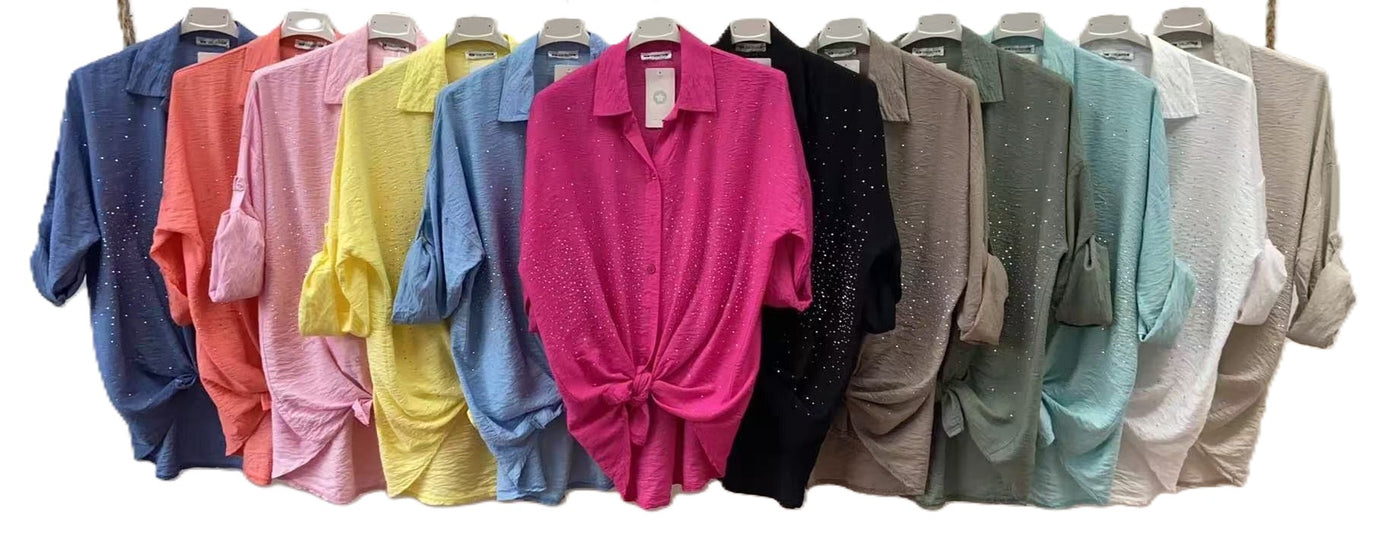 Italian Lagenlook Button Through Tie Front Stud Embellished Collared Shirt Blouse