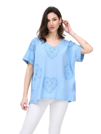 Love Heart Embroidered Broderie Cotton Top Women's Casual Summer Top T-shirt Tee