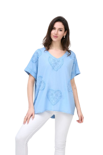 Love Heart Embroidered Broderie Cotton Top Women's Casual Summer Top T-shirt Tee