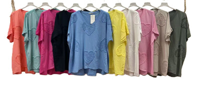 Love Heart Embroidered Broderie Cotton Top Women's Casual Summer Top T-shirt Tee