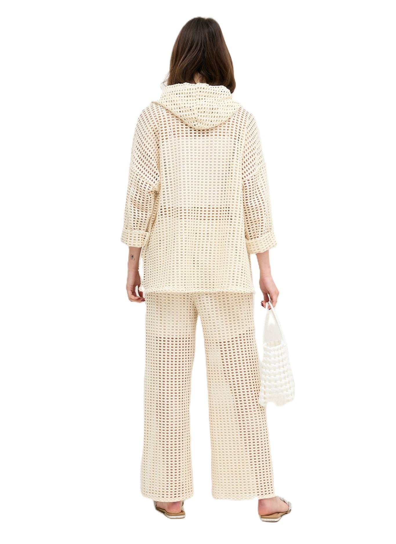 Italian Lagenlook Mesh Zip Through Fishnet Hoodie Summer Hooded Crochet Top