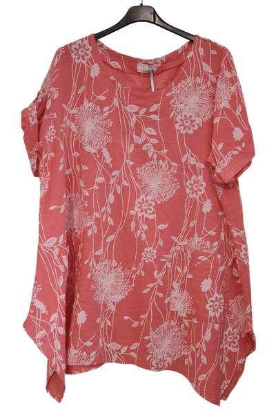 Ladies Italian Cotton Floral Print Asymmetric Tunic with Pockets