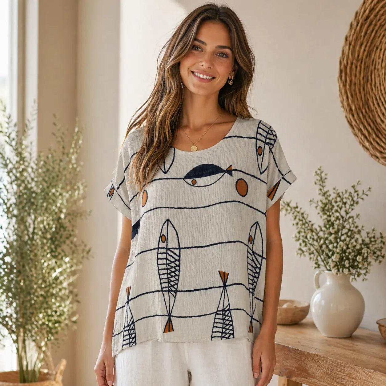Ladies Italian Summer Lightweight Cap Sleeve Fish Print Top – Glitzee
