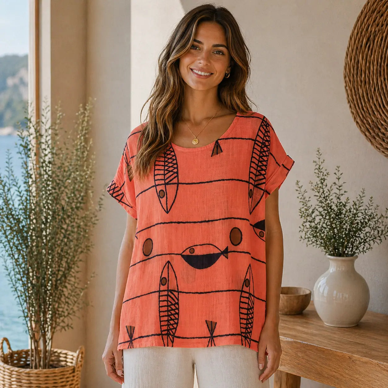 Ladies Italian Summer Lightweight Cap Sleeve Fish Print Top – Glitzee