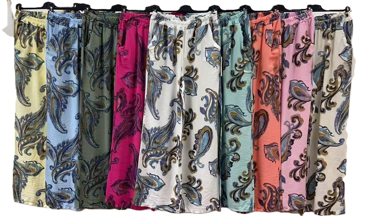 Italian Lagenlook Paisley Print Wide Leg Casual Summer Trousers Elasticated Waist