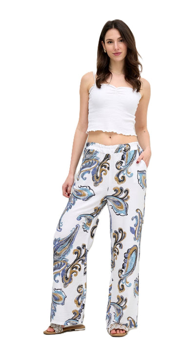 Italian Lagenlook Paisley Print Wide Leg Casual Summer Trousers Elasticated Waist