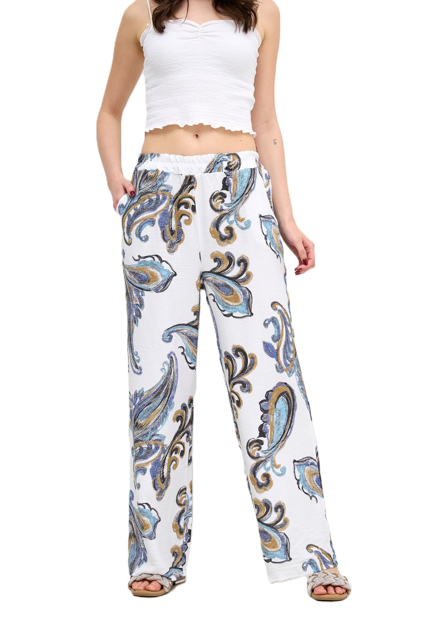 Italian Lagenlook Paisley Print Wide Leg Casual Summer Trousers Elasticated Waist